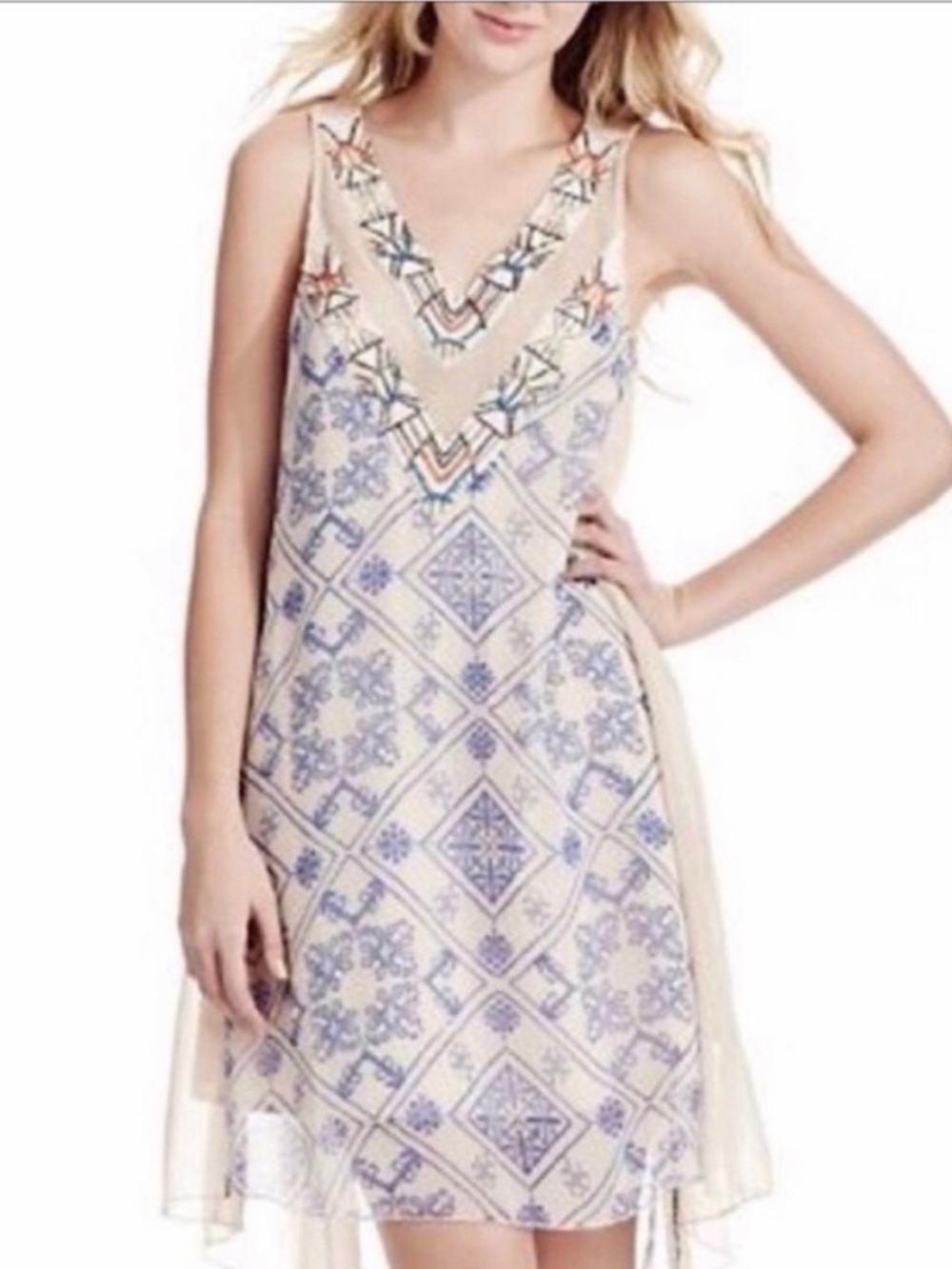 Free People Cream Dress with Blue Tile-Print